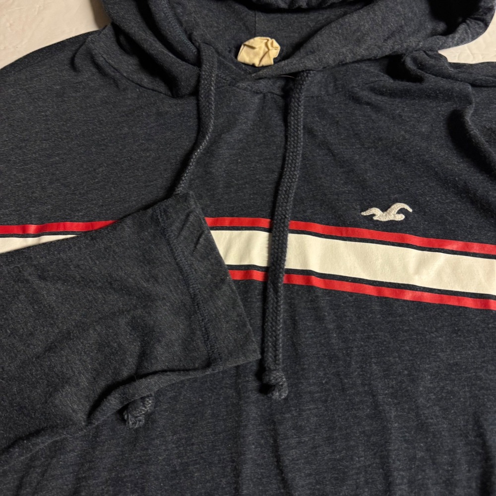 Hollister Mens Large Gray Heather Stripe Long Sleeve Hooded T-Shirt Seagull Logo